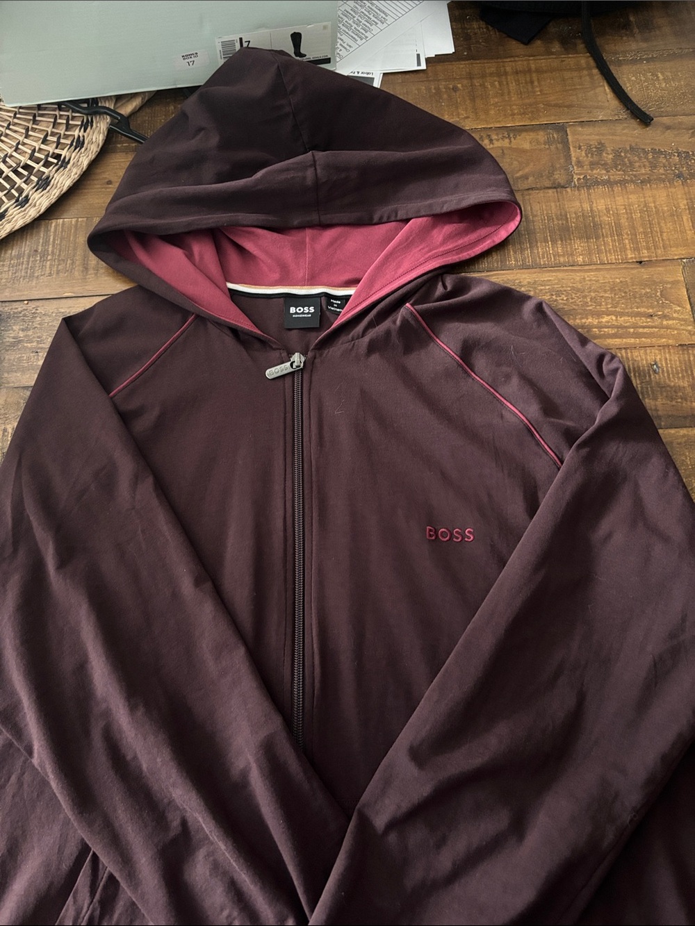 BOSS Men's Burgundy Hoodie with Pink Lining